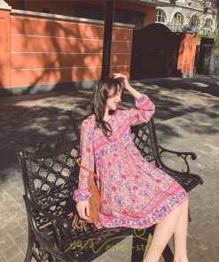 ミニ丈 | ワンピース レディース 春 夏 長袖 膝上 ショート 民族風 花柄 エスニック ボヘミアン 高品質 海外旅行 海デート 着痩せ Vネック レトロ リゾート カジュアル