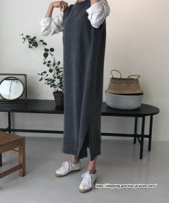 ベスト | ニットベストワンピース ロングレディース ベストワンピース ロングワンピース ニットワンピース ノースリーブ 袖なし サイドスリット入れ 丸首 無地