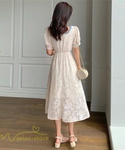 ミディアム | ワンピース レディース 着痩せ スクエアネック 上品 可愛い 半袖 ハイウエスト 透け感 Aラインワンピース 韓国風 20代 お出かけ 通勤通学 30代 きれいめ 40代