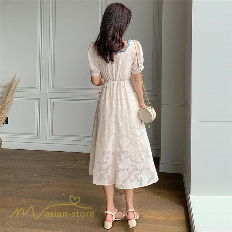 ミディアム | ワンピース レディース 着痩せ スクエアネック 上品 可愛い 半袖 ハイウエスト 透け感 Aラインワンピース 韓国風 20代 お出かけ 通勤通学 30代 きれいめ 40代