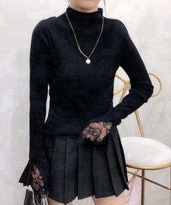 ニット・セーター | フェミニン 秋 スリムフィット 長袖 リブニットトップス レディース 袖レース 冬 細見 ニットセーター ハイネック ニットソー