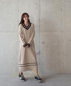 在庫ある | 短納期ロングニットワンピース ロングワンピ カットソー 長袖 トップス Vネック ゆったりセーターニット 体型カバー OL ストレートニットワンピ 通学通勤