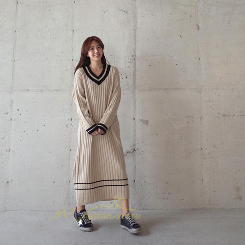 在庫ある | 短納期ロングニットワンピース ロングワンピ カットソー 長袖 トップス Vネック ゆったりセーターニット 体型カバー OL ストレートニットワンピ 通学通勤