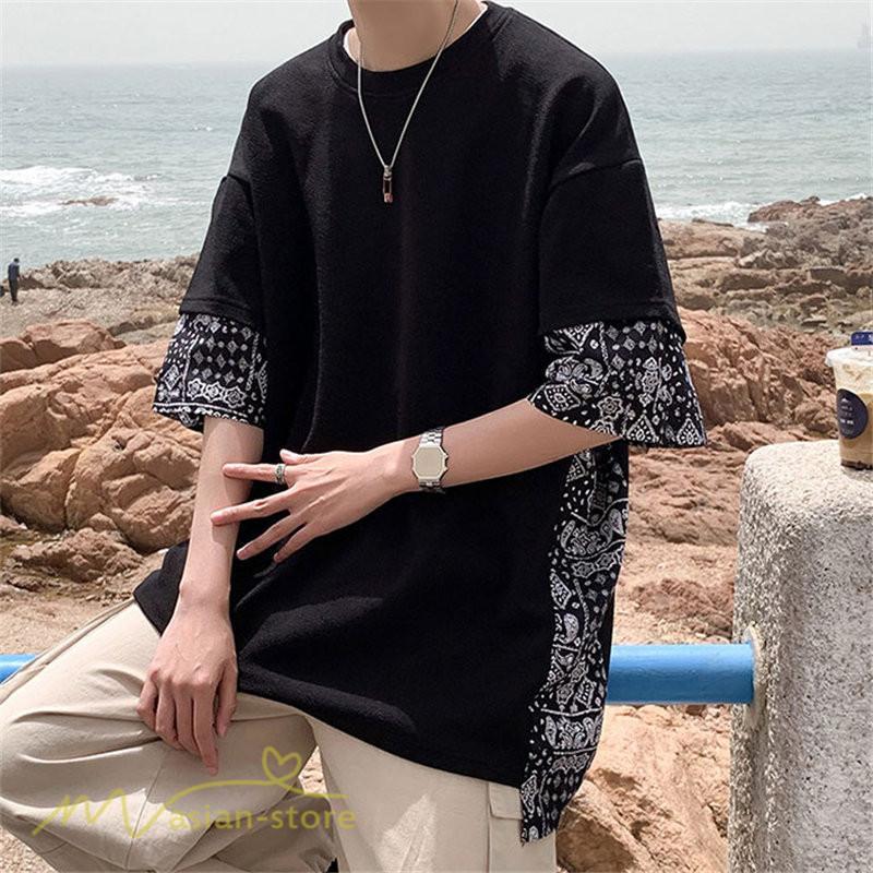 Tシャツ | メンズ 半袖 シンプル 半袖tシャツ クルーネック カジュアル 重ね着風 切り替え カッコウイイ 夏新作 カットソー ゆったり 20代 40代 体型カバー 30代