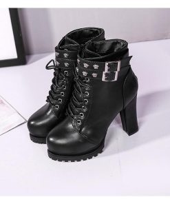 ショートブーツ | ブーツ 厚底シューズ ラウンドトゥ チャンキーヒール レースアップ サイドファスナー ハイヒール 厚底ブーツ レディース 黒ブーツ 25cm