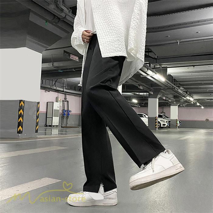 チノパン | ワイドパンツ メンズ 春 夏 秋 無地 アンクルパンツ 大きいサイズ ゆったり パンツ ガウチョパンツ 上品 裾口スリット 夏服 黒 体型カバー 着痩せ カジュアル