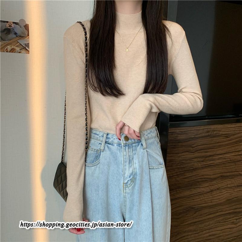 ニット・セーター | カットソー ニット レディース リブニット 長袖 秋冬 春 トップス スリム ストレッチ インナー 無地 プルオーバー 通学通勤 長袖ニット 長袖カットソー 着痩せ