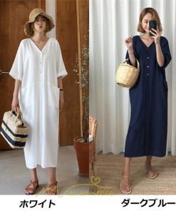 マキシ | ワンピース レディース 夏ワンピース 綿麻 五分袖 体型カバー 着痩せ 韓国風 30代 40代 50代 Vネック 通勤 OL デート キレイめ 新作 2022 お出かけ おしゃれ