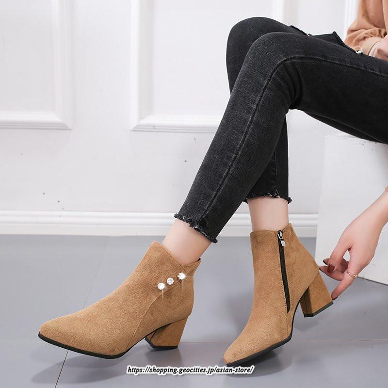 ブーツ | ショートブーティ レディース スエード調 太めヒール 靴 人工水晶 キラキラ オシャレ お出かけ デート キレイめ 通勤 20代30代40代50代