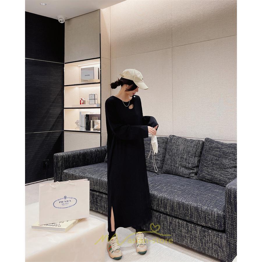 マキシ | 秋ワンピース 黒ワンピース ロングワンピース 秋物 レディース ワンピース 長袖ワンピース 30代40代 裾スリット 着痩せ 秋服 大人 通学通勤 無地 大きいサイズ