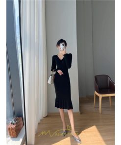ニットワンピース | ニット ワンピース ロング Vネック ニットワンピ 長袖 ブラック 2022秋冬 ブルー マーメイド フリル セクシー 通勤 おしゃれ キレイめ ミモレ丈 上品