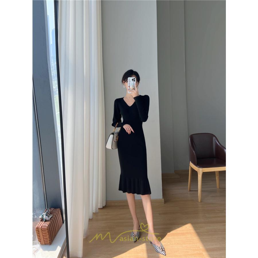 ニットワンピース | ニット ワンピース ロング Vネック ニットワンピ 長袖 ブラック 2022秋冬 ブルー マーメイド フリル セクシー 通勤 おしゃれ キレイめ ミモレ丈 上品
