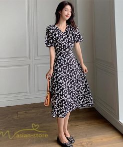 ミディアム | ワンピース レディース 着痩せ 花柄 半袖 大きいサイズ 上品 Aラインワンピース ゆったり Vネック ハイウエスト ミディアム丈 お出かけ 通勤 ひざ丈 通学