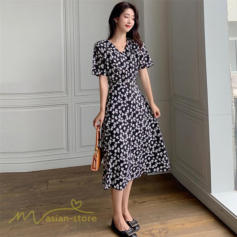 ミディアム | ワンピース レディース 着痩せ 花柄 半袖 大きいサイズ 上品 Aラインワンピース ゆったり Vネック ハイウエスト ミディアム丈 お出かけ 通勤 ひざ丈 通学