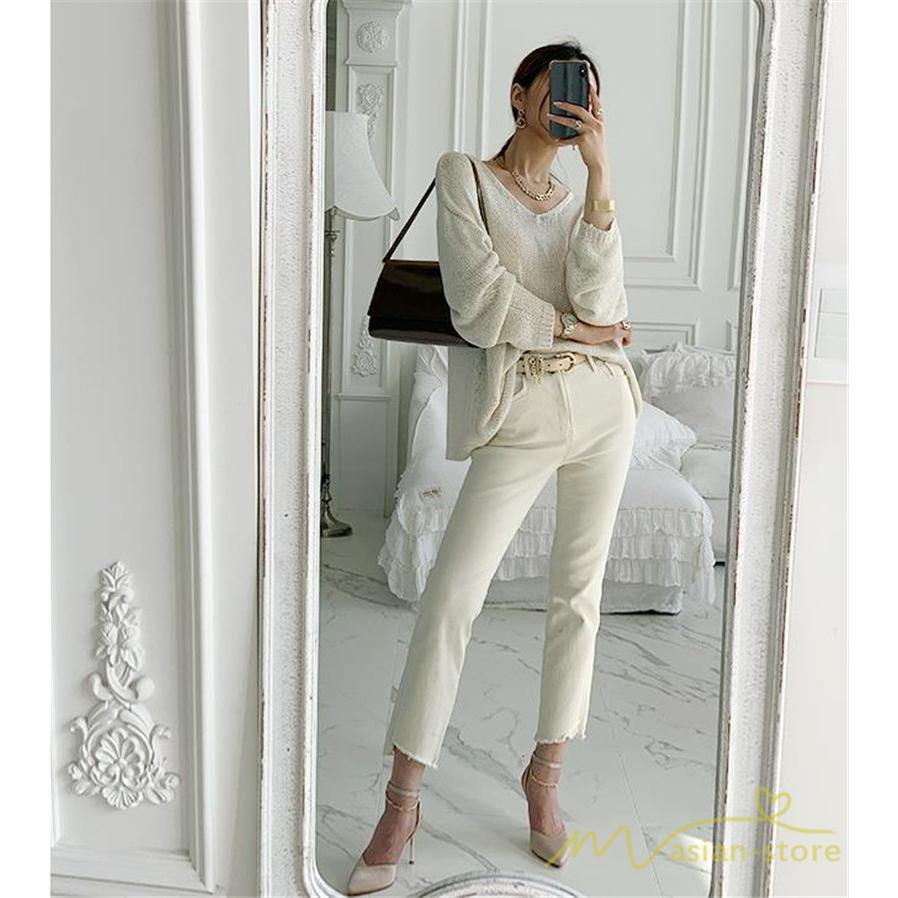 ニット・セーター | ニット サマーニット レディース トップス カットソー ニットソー Vネック 透かし編み 長袖 クルーネック Tシャツ ゆる 薄手 Tシャツ カジュアル リラックス