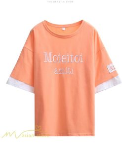 ｔシャツ・カットソー | ワイドTシャツ レディース ロング丈 5分袖 刺繍 韓国風 重ね着風 丸首 Tシャツ トップス 着痩せ 細身 カジュアル 人気 日常 上品 2021 アウトドア 夏新作 薄手