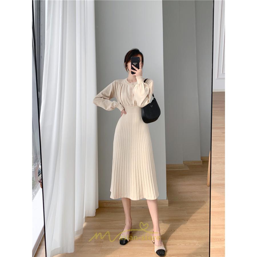 ニットワンピース | レディース 冬 きれいめ ロング おしゃれ 秋冬 長袖 送料無料 着痩せ 無地 通勤 提灯袖 可愛い パフスリーブ 20代30代40代50代