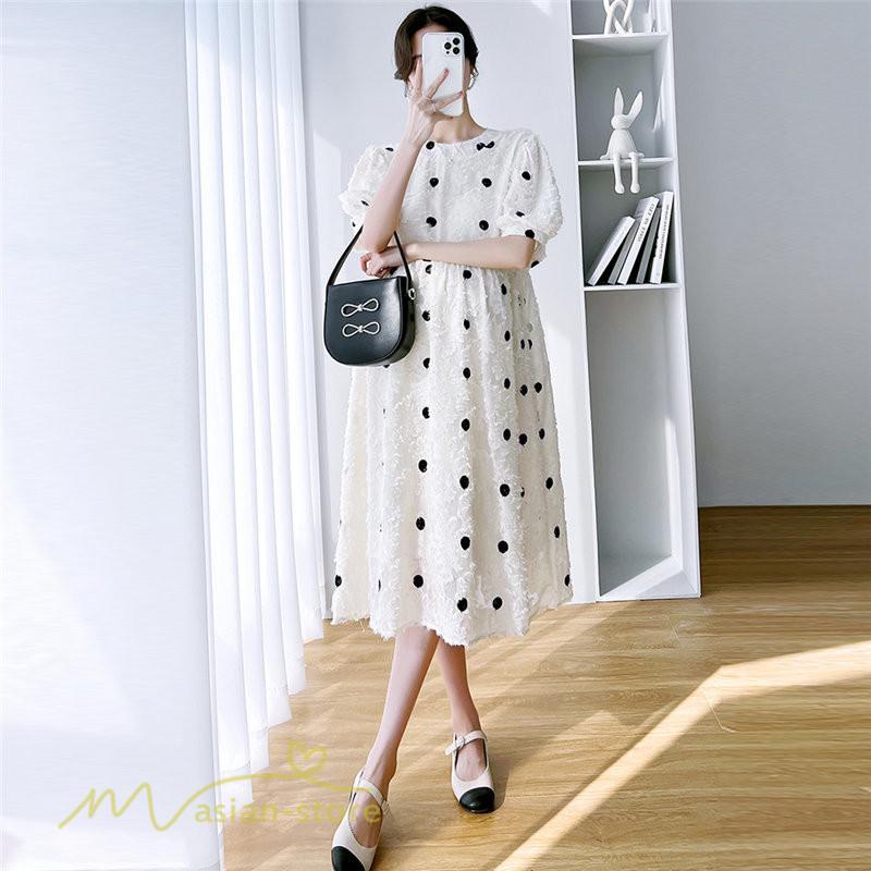 ワンピース | マタニティウェア レディース 半袖 ドット柄 着痩せ マタニティクルーネック 大きいサイズ 産前 マタニティ お出かけ 妊婦着 ゆったり