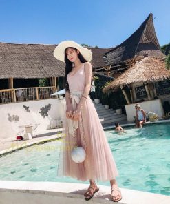 スカート | フレア チュールレディース ロングウエストゴム 春夏 リボン マキシ ドッキング 20代30代40代 着痩せ カジュアル お出かけ