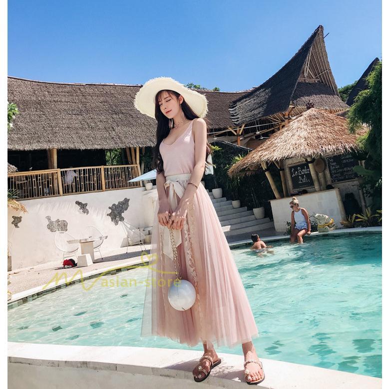 スカート | フレア チュールレディース ロングウエストゴム 春夏 リボン マキシ ドッキング 20代30代40代 着痩せ カジュアル お出かけ