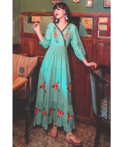 マキシ | ワンピース レディースワンピース 春夏 マキシワンピース ハイウエスト 長袖 二次会 通勤 OL 40代 着痩せ 刺繍 Vネック Aライン カジュアル エスニック 4色