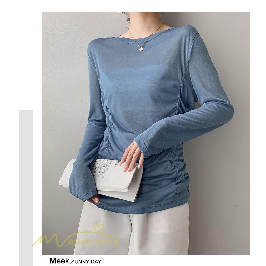 tシャツ・カットソー | Tシャツ Tシャツ レディース 無地 長袖 トップス カジュアルTシャツ おしゃれ クルーネック 秋服 夏秋 インナー 日常感 大きいサイズ 薄手 タック ゆったり 上品