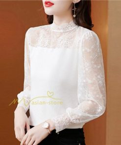 tシャツ・カットソー | カットソー レディース 長袖 春 シャツ 異素材 切り替え レース付き 透け感 20代30代40代50代 ハイネック インナー 着痩せ お出かけ カジュアル カシュクール