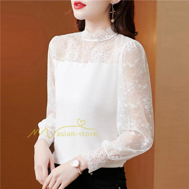 tシャツ・カットソー | カットソー レディース 長袖 春 シャツ 異素材 切り替え レース付き 透け感 20代30代40代50代 ハイネック インナー 着痩せ お出かけ カジュアル カシュクール