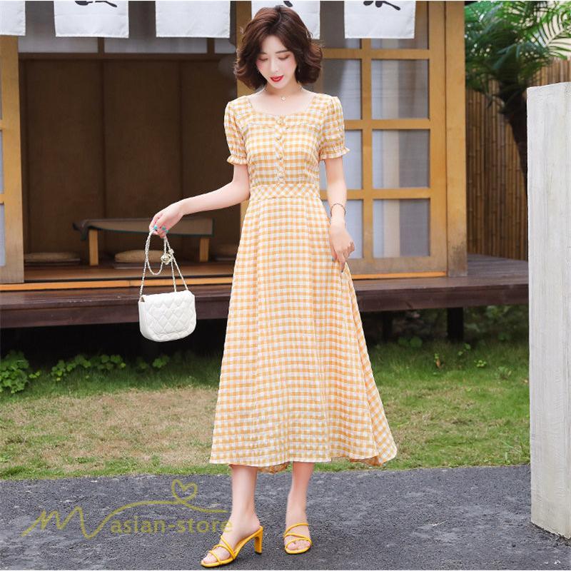 マキシ | ワンピース レディース チェック柄 きれいめ おしゃれ ゆったり ロング丈 着痩せ 春 夏 着痩せ ロングワンピース 上品 韓国風 バックファスナー エレガント