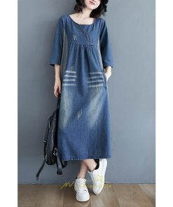 デニムワンピース | ワンピース レディース 夏 ロング丈 春 秋 七分袖 切り替え 大きいサイズ ゆったり 人気 体型カバー 20代30代40代 送料無料 着痩せ
