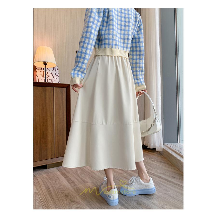 スカート | Pu秋冬 合皮ロングウエストゴム Aラインゆったり 体型カバー ハイウエスト 大人 無地 通学通勤 フレア 広い幅 可愛い