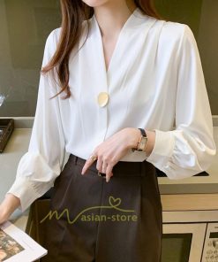 シャツ・ブラウス | ブラウス レディース 長袖ブラウス 春秋 オフィスブラウス 白vネック オシャレブラウス シフォントップス 韓国風 大人 上品 40代 ゆったりシャツ 通勤OL 50代