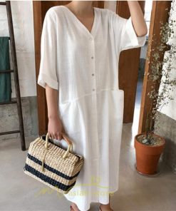 マキシ | ワンピース レディース 夏ワンピース 綿麻 五分袖 体型カバー 着痩せ 韓国風 30代 40代 50代 Vネック 通勤 OL デート キレイめ 新作 2022 お出かけ おしゃれ