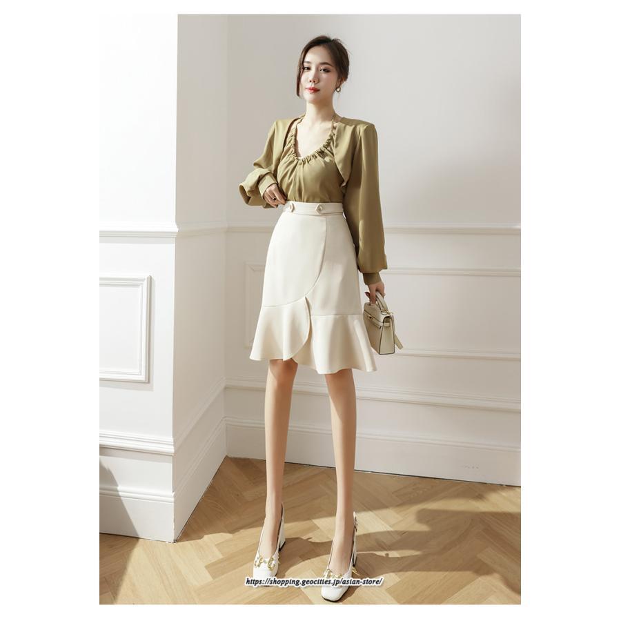 スカート | レディース ミニ膝上 マーメイド着痩せ フェミニン 優雅 上品 フリル 2022新作 韓国風 秋冬コーデ キレイめ 通勤 オシャレ 通学