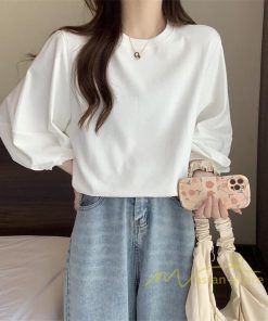 tシャツ・カットソー | 7分袖Tシャツ レディース Tシャツ 夏服 秋物 夏秋物 トップス 夏秋服 パフスリーブ ゆったり 無地 丸首 秋コーデ 春夏秋 可愛い 20代30代 40代50代 夏コーデ