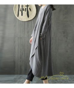 マキシ | 長袖ワンピース 綿麻 無地 Aライン 春物 カワイイ ミモレ丈ワンピース 春コーデ ワンピ 体型カバー ゆったり 20代30代 通学通勤 部屋着