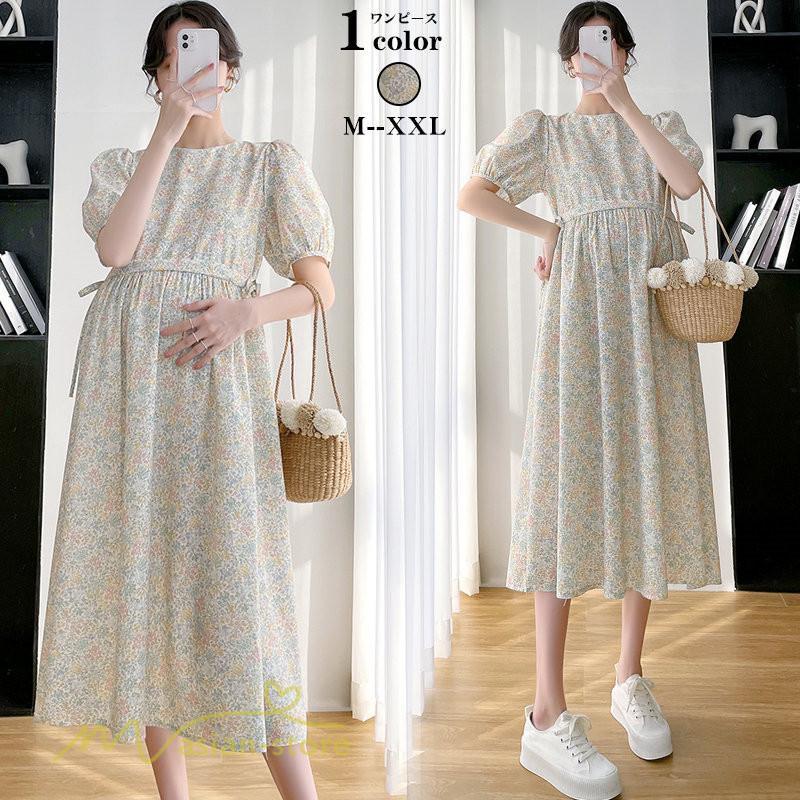 ワンピース | マタニティレディース Aライン 妊婦服 体型カバー 着痩せ マタニティウェア 小花柄 柔らか きれいめ お出かけ マタニティ 夏服 ひざ下丈