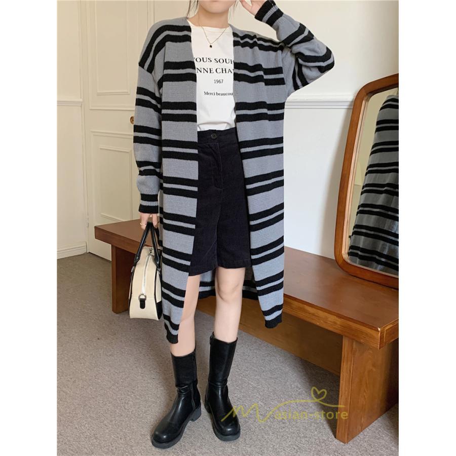 カーディガン | ロングニット2022秋冬 レディース アウター ボーダー 羽織り 長袖 ニット ニットカーデ セーター 大人 通学通勤 20代40代