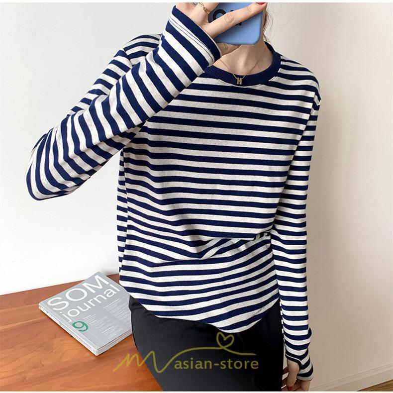 tシャツ・カットソー | 春物 レディース Tシャツ カットソー 長袖 トップス 綿 ボーダー シンプル プルオーバー リブ 柔らか 美ライン スリム ストレッチ 丸ネック 微伸縮 20代30代