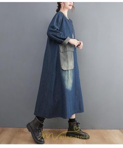 デニムワンピース | ワンピース デニム レディース 40代 ロング チュニック 長袖 ゆったり かわいい 大きいサイズ 藍 大きいポケット 体型カバー