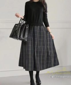 マキシ | ニットワンピース ドッキングワンピース 無地 チェック柄 黒 グレー 切り替え ワンピース 秋冬 フレアスカート 長袖 ニットトップス 切替 フェイクレイヤード