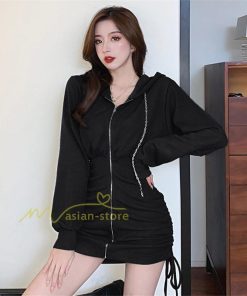 ミディアム | ワンピース 長袖 タイト ミニ丈 レディース 秋新作 タイトワンピ ZIPセクシー 体型カバー 無地通勤 オフィス 着痩せ パーカー OL きれいめ 大人ファッション