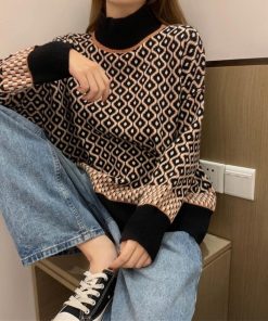 ニット・セーター | 配色ダイス柄ニットトップスハイネック