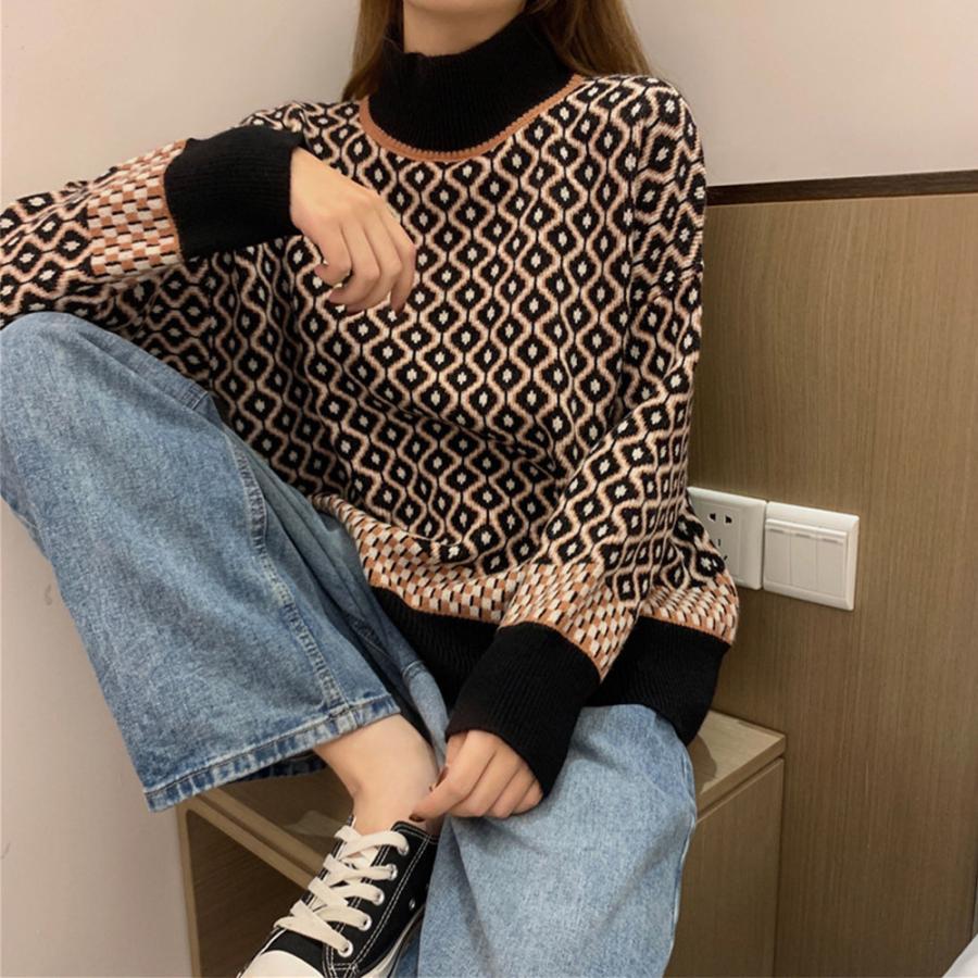 ニット・セーター | 配色ダイス柄ニットトップスハイネック