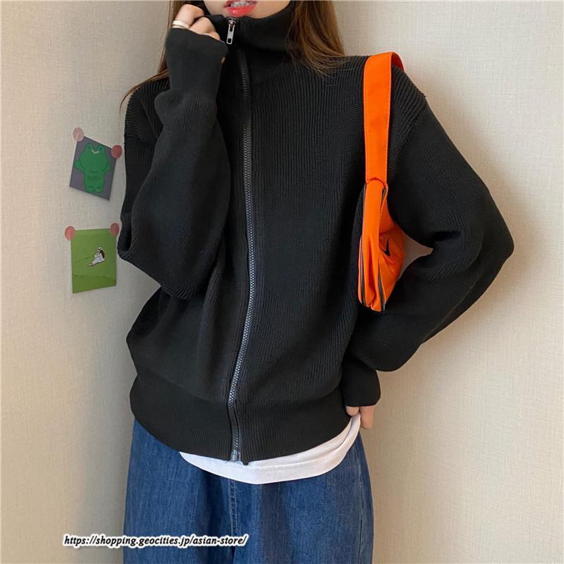 カーディガン | ニットレディース トップス リブニット ジップアップ ハイネック 羽織り 長袖 カーディガン ジャケット ライトアウター ニット セーター