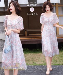 ミディアム | ワンピース レディース 花柄 きれいめ 膝丈 おしゃれ 上品 半袖 スクエアネック 大きいサイズ 30代 40代 夏新作 20代 サマーワンピース 大人 エレガント 韓国風