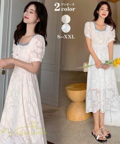 ミディアム | ワンピース レディース 着痩せ スクエアネック 上品 可愛い 半袖 ハイウエスト 透け感 Aラインワンピース 韓国風 20代 お出かけ 通勤通学 30代 きれいめ 40代