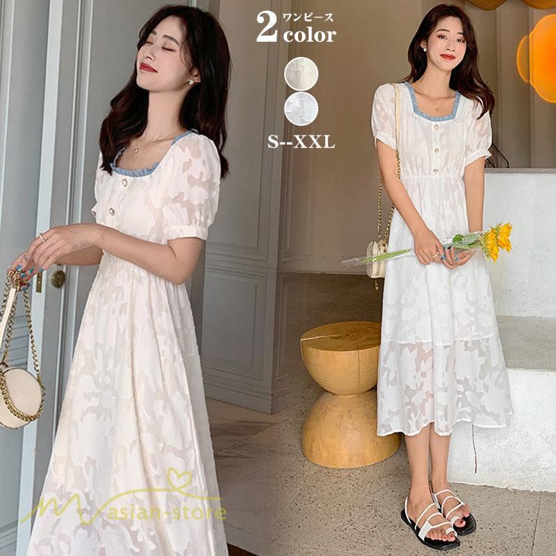 ミディアム | ワンピース レディース 着痩せ スクエアネック 上品 可愛い 半袖 ハイウエスト 透け感 Aラインワンピース 韓国風 20代 お出かけ 通勤通学 30代 きれいめ 40代