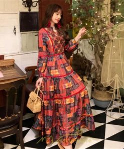 マキシ | ワンピース 七分袖 レディース 夏服  秋服 ロングワンピース マキシ丈 Vネック 民族風 エスニック風 体型カバー カジュアル お洒落 レトロ ハイウエスト