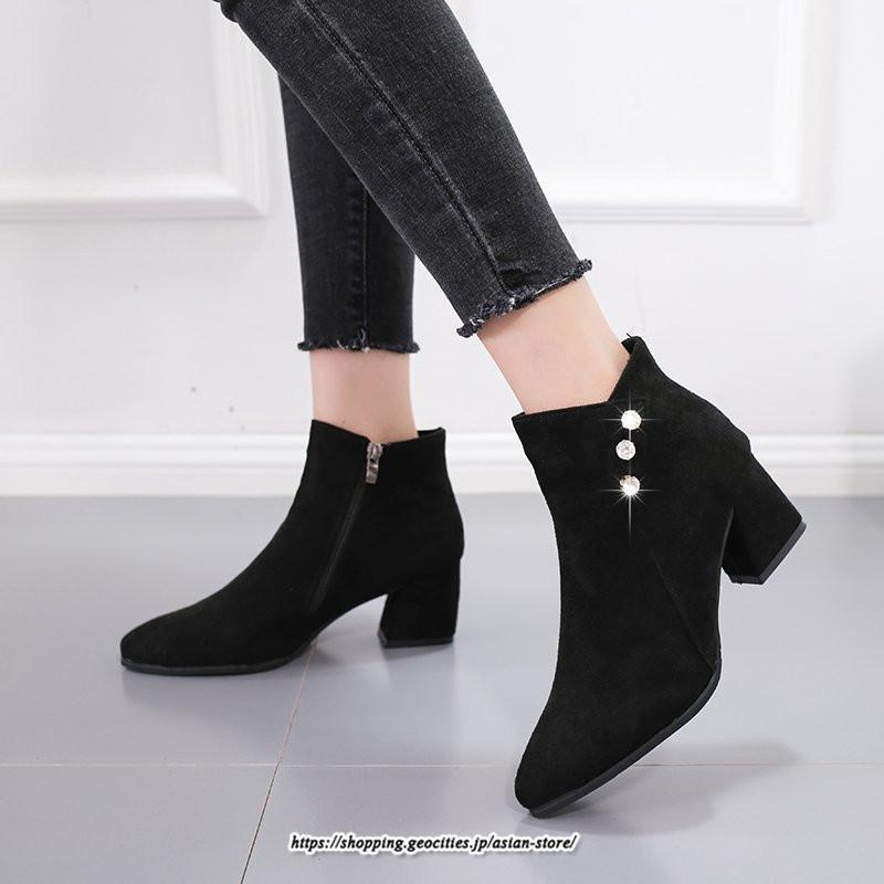 ブーツ | ショートブーティ レディース スエード調 太めヒール 靴 人工水晶 キラキラ オシャレ お出かけ デート キレイめ 通勤 20代30代40代50代